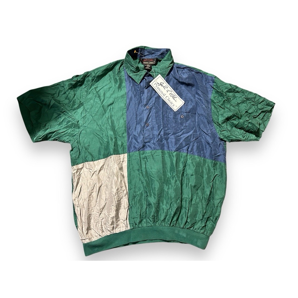 VTG‎ John L Blair Shirt Men XL Short Sleeve Pullover 100% Silk Green Blue NWT